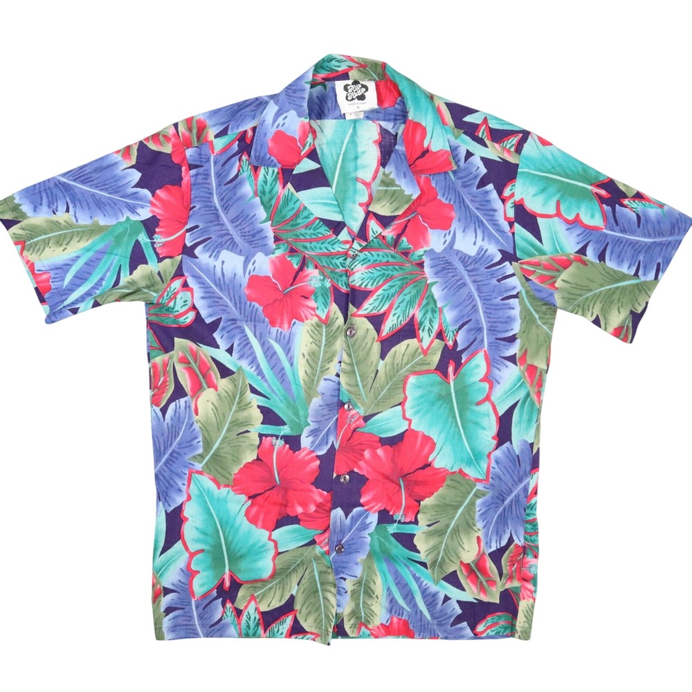 Hilo Hattie Vintage Hawaiian Shirt Small Purple Blue Floral Cotton Mens 80s USA